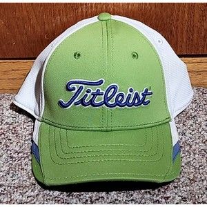 Titleist Golf Hat S/M Stretchback Flex Fit Mesh Green & White W/ Blue Embroidery